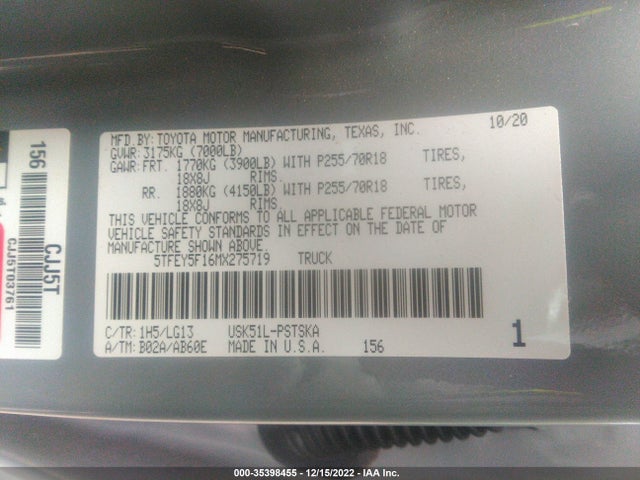 2021 Toyota Tundra, VIN: 5TFEY5F16MX275719