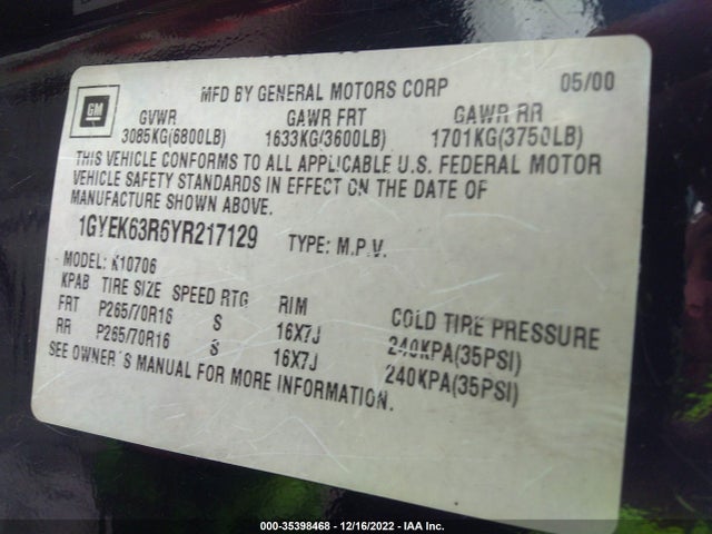 2000 CADILLAC ESCALADE VIN: 1GYEK63R6YR217129