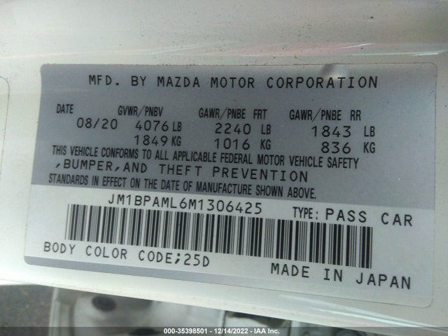 2021 Mazda 3, VIN: JM1BPAML6M1306425