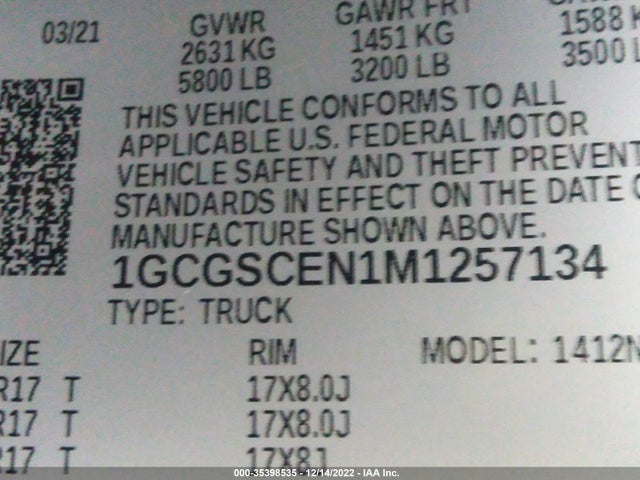 2021 Chevrolet Colorado, VIN: 1GCGSCEN1M1257134