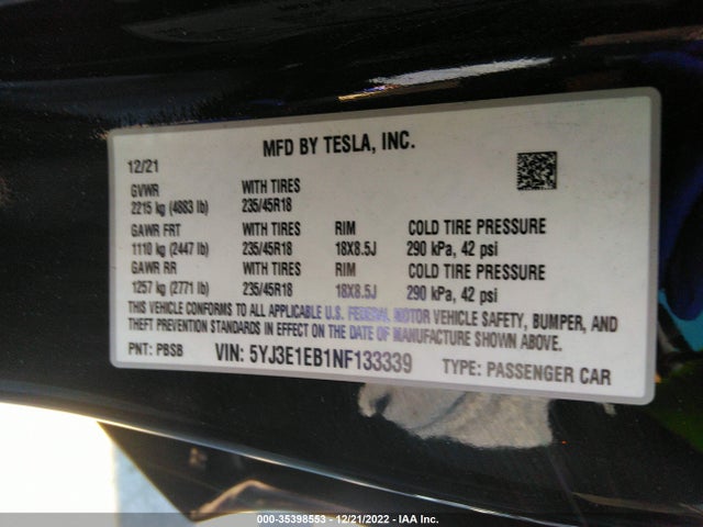 2022 TESLA MODEL 3 LONG RANGE VIN: 5YJ3E1EB1NF133339