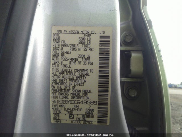 2003 NISSAN XTERRA XE VIN: 5N1ED28Y83C649589