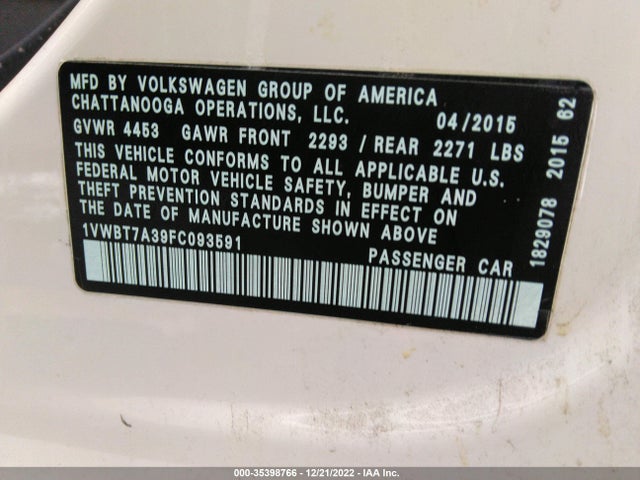 1VWBT7A39FC093591 Volkswagen Passat 1.8t Sport