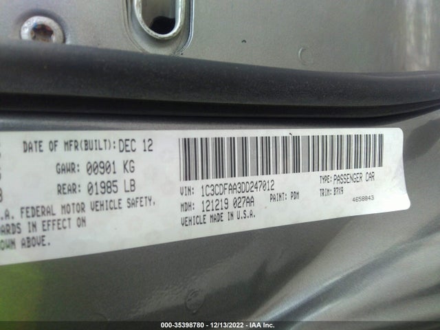 2013 DODGE DART SE VIN: 1C3CDFAA3DD247012