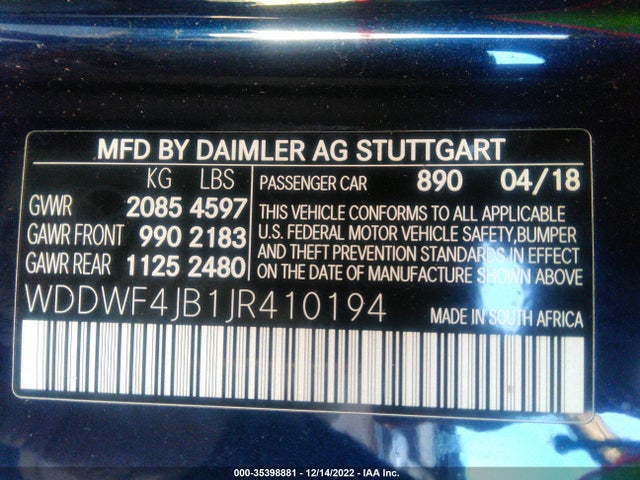2018 Mercedes-Benz C-Class, VIN: WDDWF4JB1JR410194