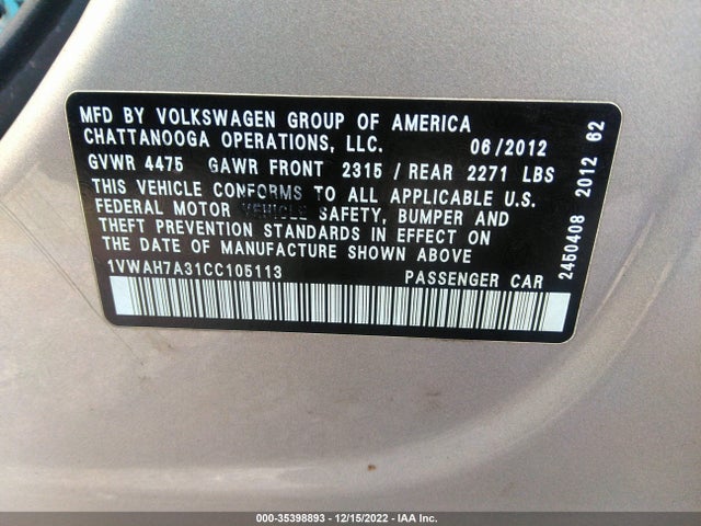 Volkswagen Passat 2012 1VWAH7A31CC105113 Image 10
