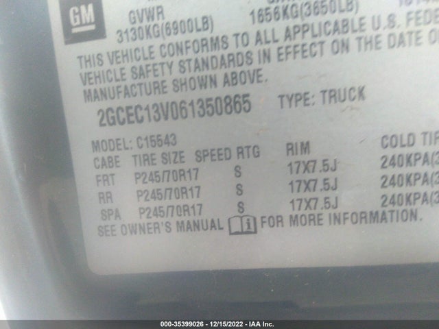 2006 CHEVROLET SILVERADO 1500 LS VIN: 2GCEC13V061350865