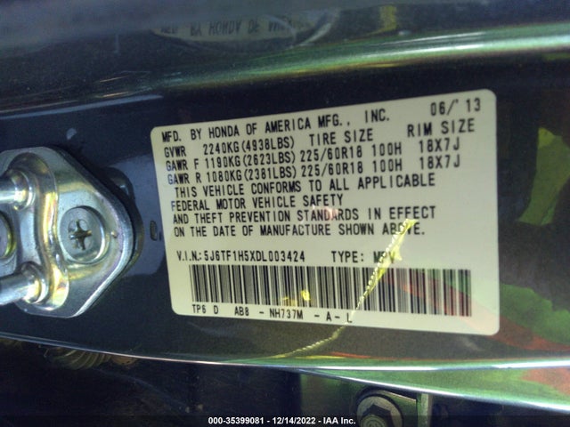2013 HONDA CROSSTOUR EX-L VIN: 5J6TF1H5XDL003424