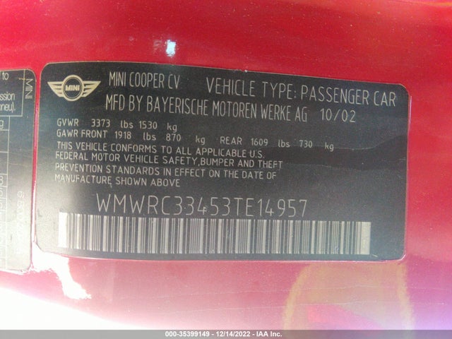 Mini COOPER HARDTOP 2003 WMWRC33453TE14957 Image 10