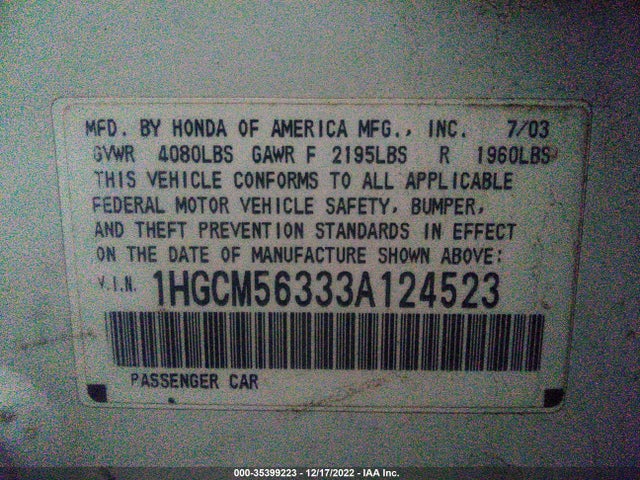 2003 HONDA ACCORD SDN LX VIN: 1HGCM56333A124523