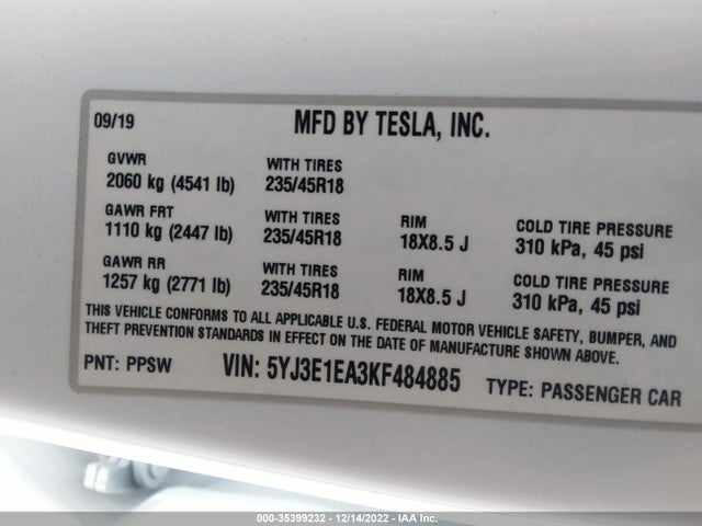 Tesla Model 3 Range 2019 5YJ3E1EA3KF484885 Image 9