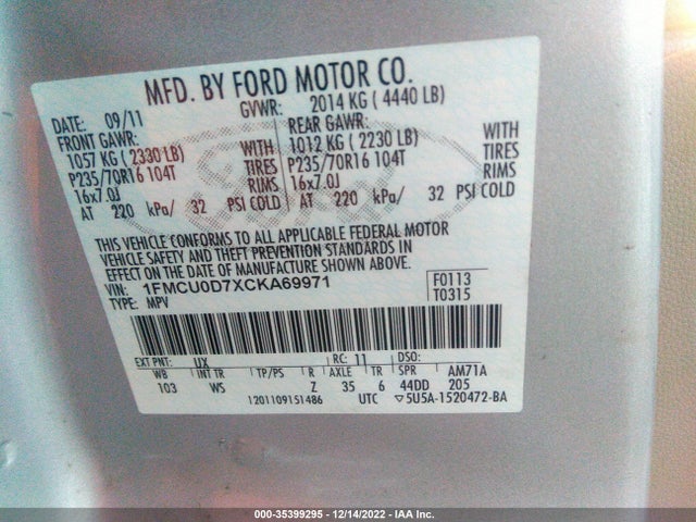 2012 FORD ESCAPE XLT VIN: 1FMCU0D7XCKA69971