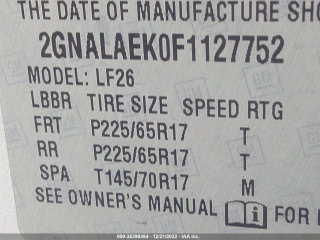 2015 CHEVROLET EQUINOX LS VIN: 2GNALAEK0F1127752
