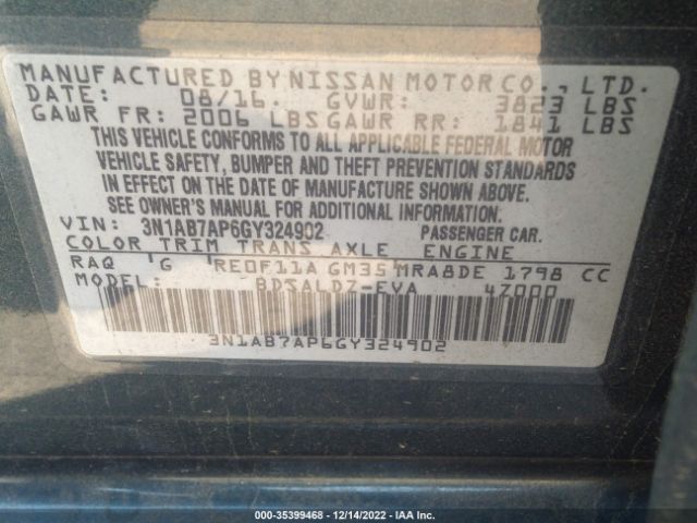 3N1AB7AP6GY324902 Nissan SENTRA SV