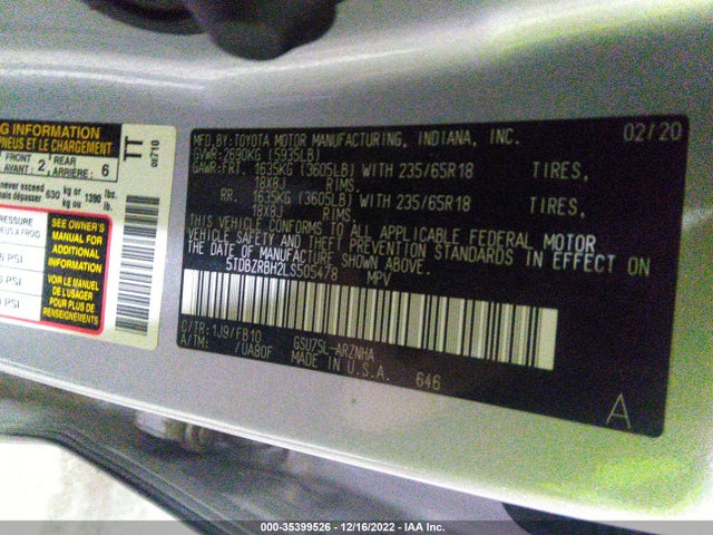 2020 Toyota Highlander, VIN: 5TDBZRBH2LS505478