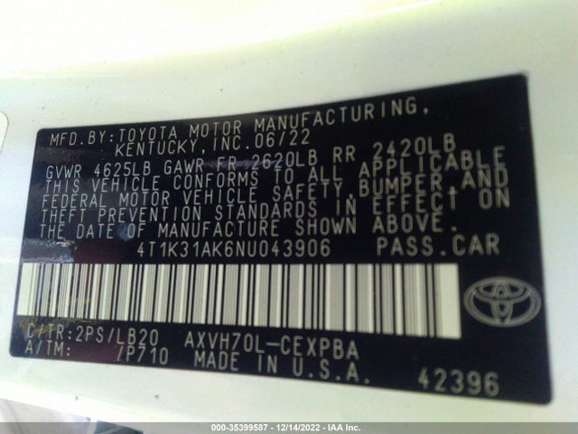 2022 Toyota Camry, VIN: 4T1K31AK6NU043906