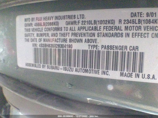 2002 SUBARU LEGACY WAGON L VIN: 4S3BH635X26304190