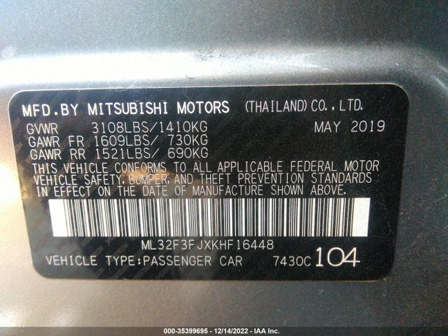 2019 MITSUBISHI MIRAGE G4 ES/RF VIN: ML32F3FJXKHF16448