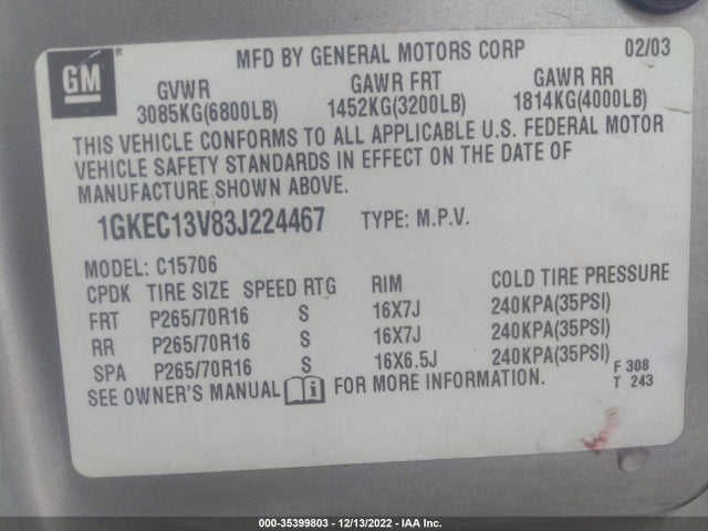 GMC YUKON SLE 2003 1GKEC13V83J224467 Image 10