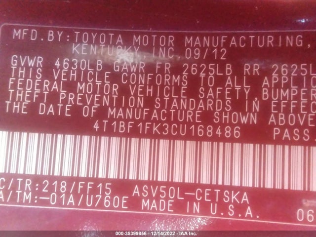 2012 TOYOTA CAMRY L/LE/SE/XLE VIN: 4T1BF1FK3CU168486