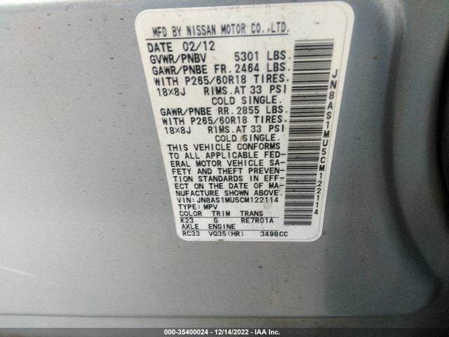 2012 INFINITI FX35 VIN: JN8AS1MU5CM122114