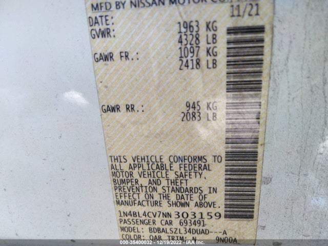2022 Nissan Altima, VIN: 1N4BL4CV7NN303159