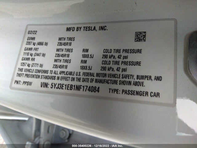 Tesla MODEL 3 2022 5YJ3E1EB1NF174084 Image 9