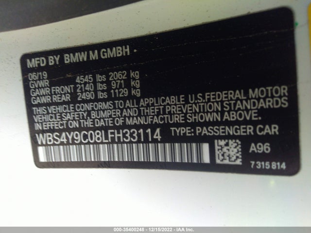 2020 BMW M4, VIN: WBS4Y9C08LFH33114