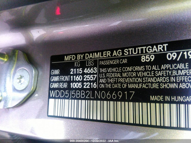 2020 Mercedes-Benz CLA-Class, VIN: WDD5J5BB2LN066917