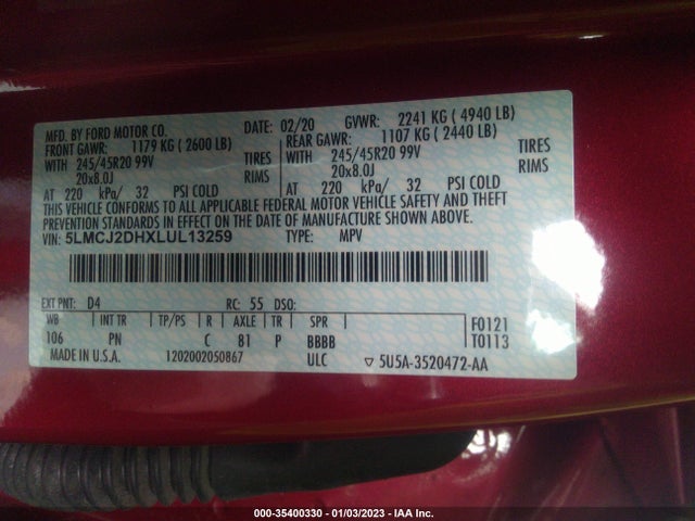 2020 Lincoln Corsair, VIN: 5LMCJ2DHXLUL13259
