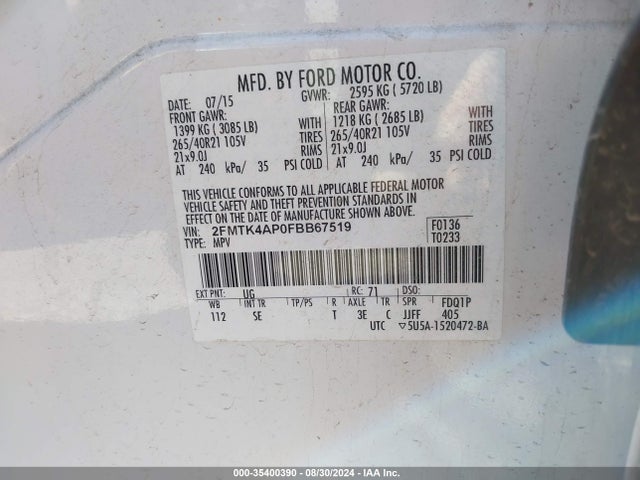 Ford EDGE SPORT 2015 2FMTK4AP0FBB67519 Image 9