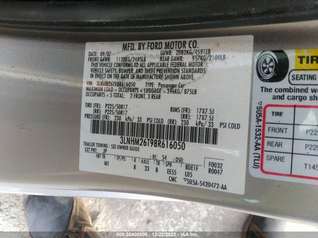 Lincoln MKZ 2008 3LNHM26T98R616050 Image 10