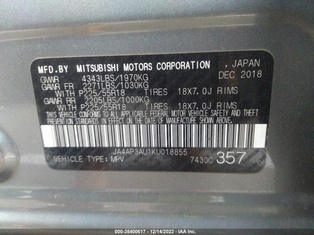 JA4AP3AU1KU018855 Mitsubishi Outlander Sport 2.0