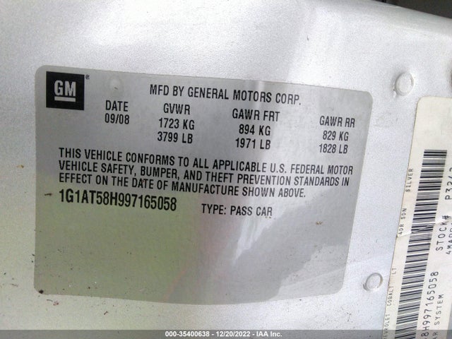 2009 CHEVROLET COBALT LT W/1LT VIN: 1G1AT58H997165058