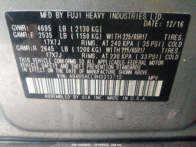 2017 Subaru Outback, VIN: 4S4BSACC9H3313715