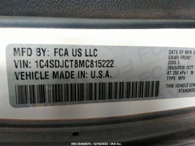 2021 Dodge Durango, VIN: 1C4SDJCT8MC815222