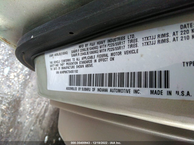 2005 SUBARU LEGACY WAGON (NATL) OUTBACK R L.L. BEAN VIN: 4S4BP86C754351102