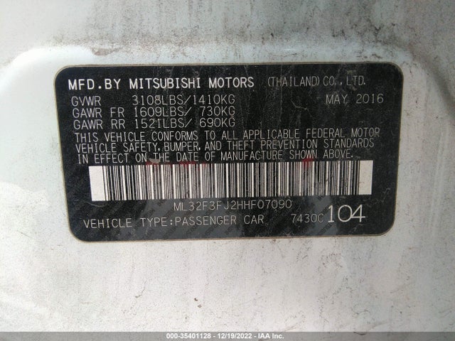 2017 Mitsubishi Mirage, VIN: ML32F3FJ2HHF07090