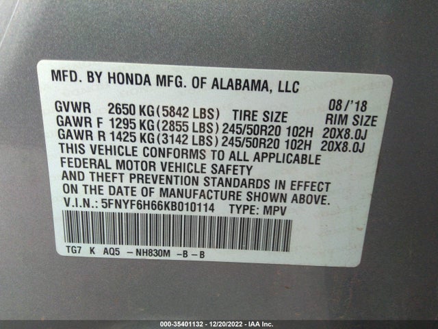 2019 Honda Pilot, VIN: 5FNYF6H66KB010114