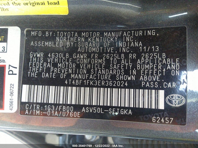 2014 TOYOTA CAMRY L/LE/XLE/SE/SE SPORT VIN: 4T4BF1FK3ER362024