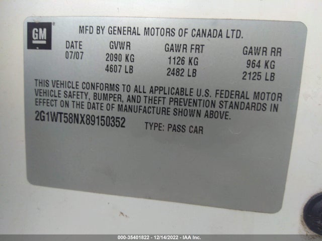 2008 CHEVROLET IMPALA LT VIN: 2G1WT58NX89150352