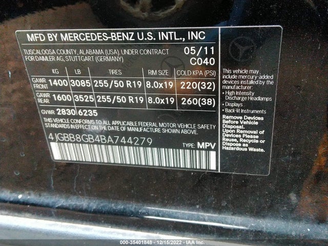Aukcja sprzedaży 2011 Mercedes-benz M-class Ml 350, vin: 4JGBB8GB4BA744279, numer aukcji: 35401848