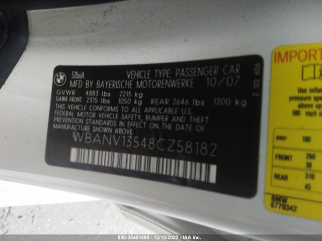 2008 BMW 5 SERIES 528XI VIN: WBANV13548CZ58182