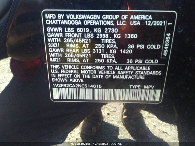 1V2FR2CA2NC514615 Volkswagen Atlas 3.6l V6 Sel Premium
