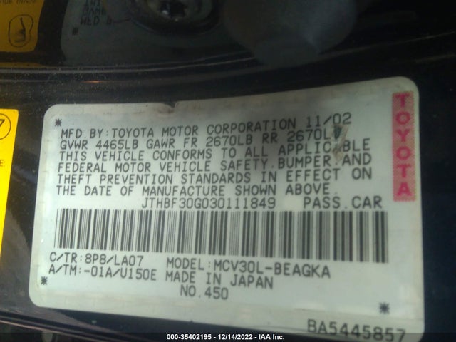 Lexus ES 300 2003 JTHBF30G030111849 Image 10