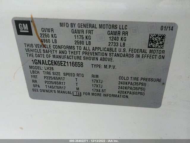 Chevrolet EQUINOX LT 2014 1GNALCEK6EZ116658 Image 10