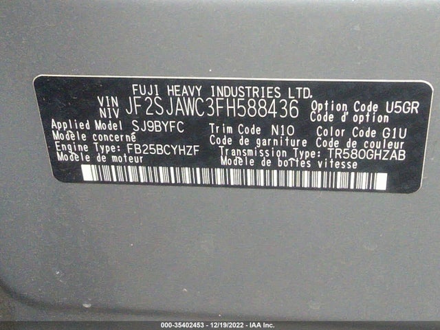 2015 SUBARU FORESTER 2.5I TOURING VIN: JF2SJAWC3FH588436