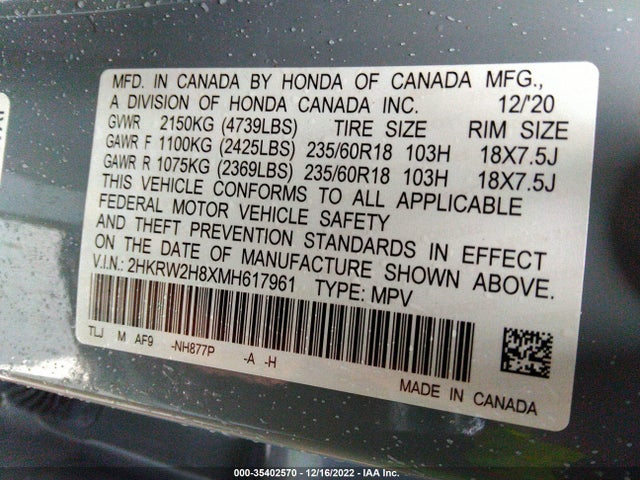 2021 Honda CR-V, VIN: 2HKRW2H8XMH617961