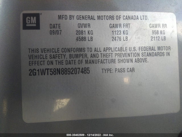 2008 CHEVROLET IMPALA LT VIN: 2G1WT58N889207485