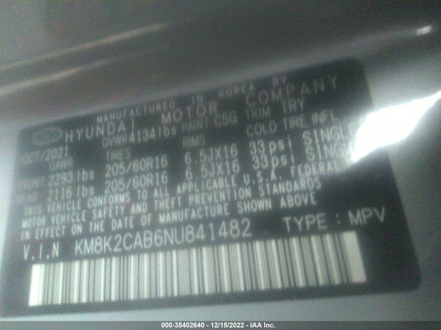 2022 Hyundai Kona, VIN: KM8K2CAB6NU841482